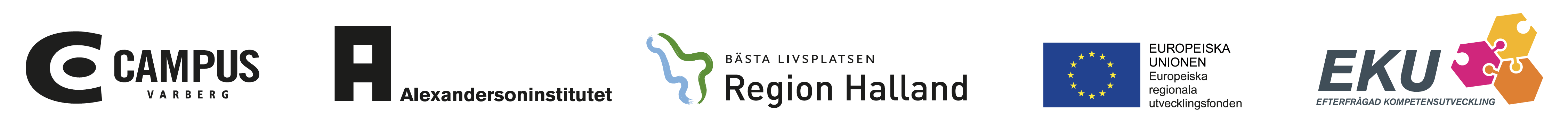 Logotyper för Campus Varberg, Alexandersoninstitutet, Region Halland, Europeiska regionala utvecklingsfonden och Efterfrågad kompetensutveckling.