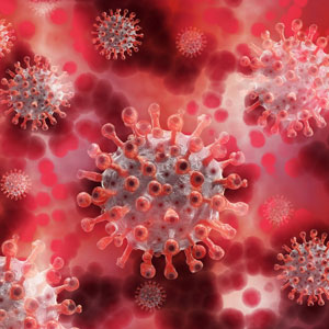 Coronavirus mot röd bakgrund i blodplasma